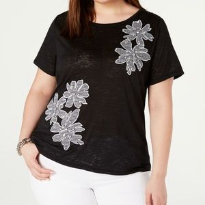 INC International Concepts Black Gingham Floral Rhinestone Top Plus Size 2X